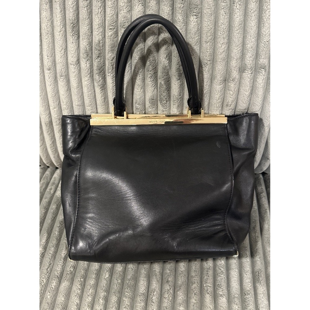 Michael Kors Black Leather Satchel Handbag Gold Tone Hardware Top Double Handles